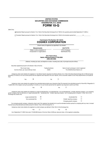 Thumbnail Cognex 10-Q Quarterly Report FY2020 