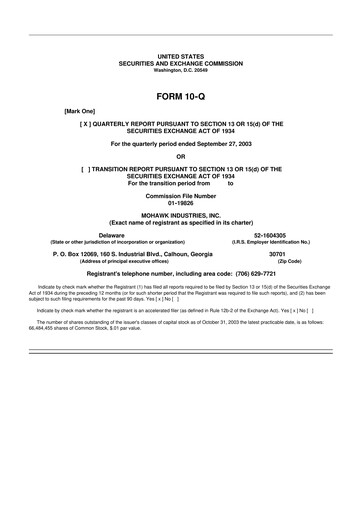 Thumbnail Mohawk Industries
 10-Q Quarterly Report FY 