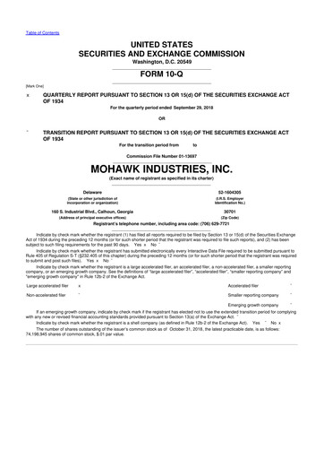 Thumbnail Mohawk Industries
 10-Q Quarterly Report FY2018 