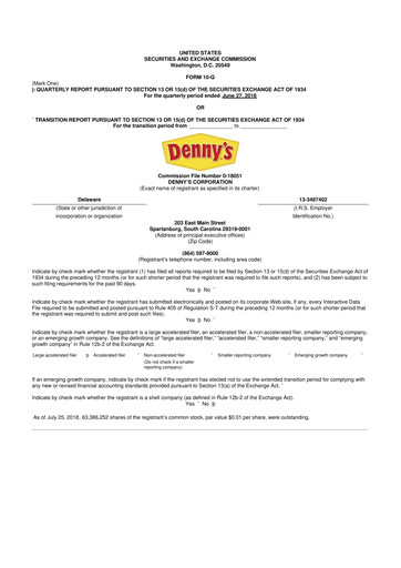 Thumbnail Denny's
 10-Q Quarterly Report FY2018 