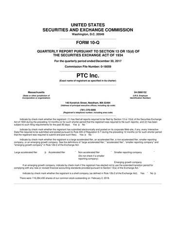 Thumbnail PTC 10-Q Quarterly Report FY2018 