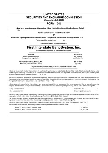 Thumbnail First Interstate BancSystem 10-Q Quarterly Report FY2017 