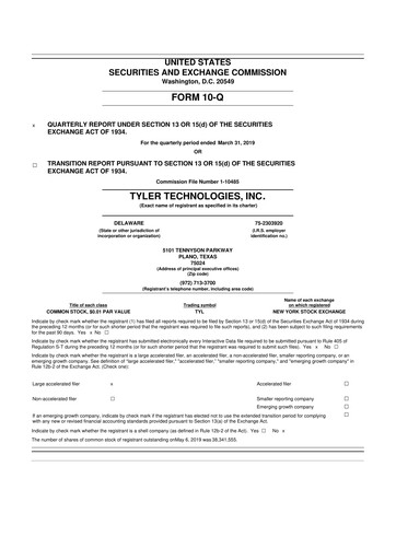 Thumbnail Tyler Technologies
 10-Q Quarterly Report FY2019 