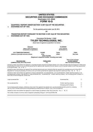 Thumbnail Tyler Technologies
 10-Q Quarterly Report FY2019 
