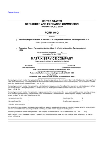 Thumbnail Matrix Service Company 10-Q Quarterly Report FY2019 