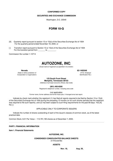 Miniature AutoZone 10-Q Rapport trimestriel  