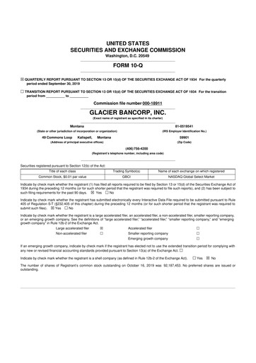 Miniature Glacier Bancorp
 10-Q Rapport trimestriel 2019 