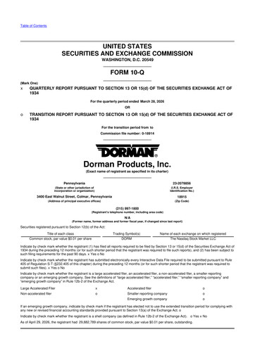 Miniature Dorman Products 10-Q Rapport trimestriel  