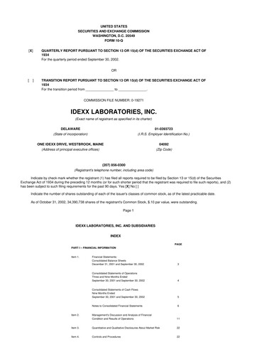 Miniature IDEXX Laboratories 10-Q Rapport trimestriel  