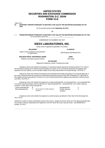 Miniature IDEXX Laboratories 10-Q Rapport trimestriel 2016 