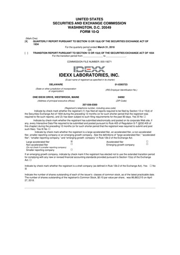 Miniature IDEXX Laboratories 10-Q Rapport trimestriel 2018 