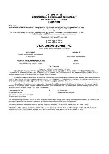 Miniature IDEXX Laboratories 10-Q Rapport trimestriel 2018 