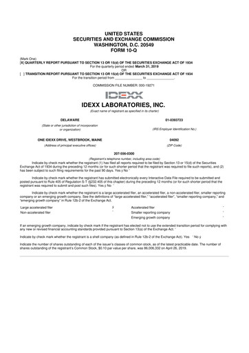 Miniature IDEXX Laboratories 10-Q Rapport trimestriel 2019 