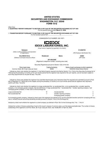 Thumbnail IDEXX Laboratories 10-Q Quarterly Report FY 