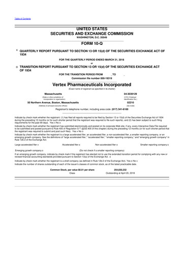 Thumbnail Vertex Pharmaceuticals 10-Q Quarterly Report FY2018 