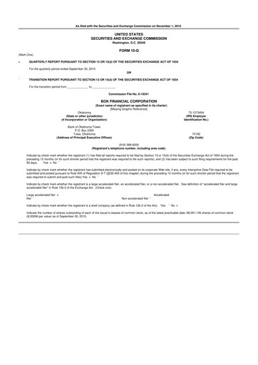 Miniature BOK Financial 10-Q Rapport trimestriel 2010 