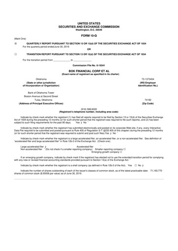 Miniature BOK Financial 10-Q Rapport trimestriel 2019 