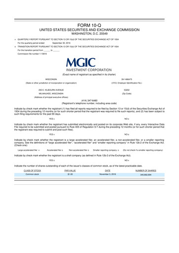 Thumbnail MGIC Investment
 10-Q Quarterly Report FY2016 
