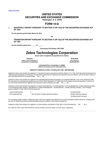 Miniature Zebra Technologies 10-Q Rapport trimestriel 2019 