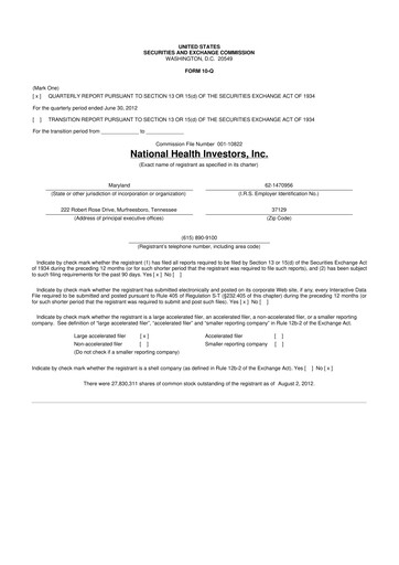 Thumbnail National Health Investors 10-Q Quarterly Report FY2012 