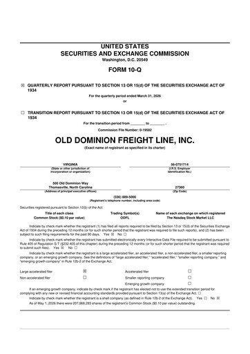 Thumbnail Old Dominion Freight Line
 10-Q Quarterly Report FY 