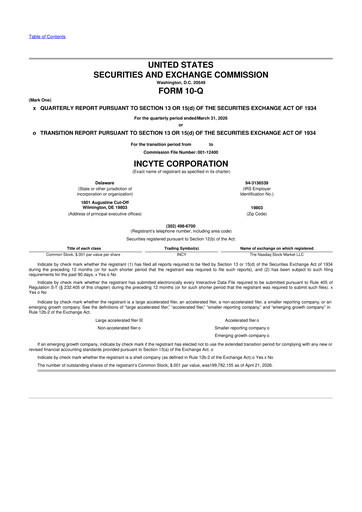 Thumbnail Incyte 10-Q Quarterly Report FY 