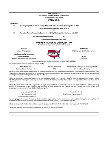 Thumbnail Wabash National
 10-Q Quarterly Report FY2019 
