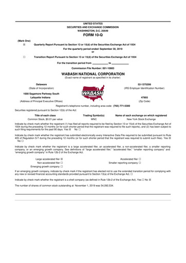 Thumbnail Wabash National
 10-Q Quarterly Report FY2019 