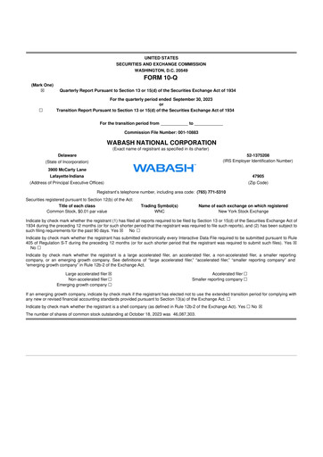 Thumbnail Wabash National
 10-Q Quarterly Report FY2023 