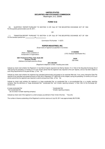 Miniature Roper Technologies 10-Q Rapport trimestriel 2011 