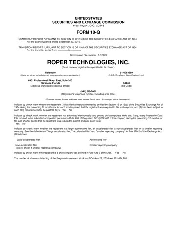 Miniature Roper Technologies 10-Q Rapport trimestriel 2016 