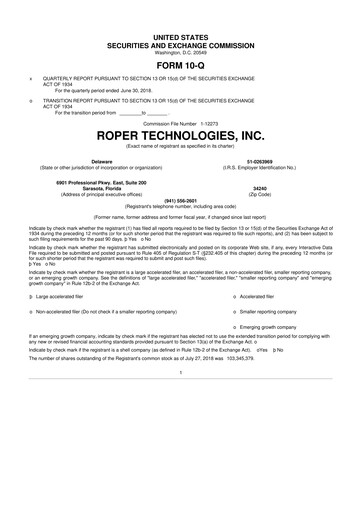 Miniature Roper Technologies 10-Q Rapport trimestriel 2018 