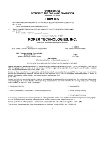 Miniature Roper Technologies 10-Q Rapport trimestriel 2018 