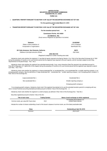 Thumbnail ICU Medical
 10-Q Quarterly Report FY2019 