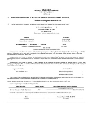 Thumbnail ICU Medical
 10-Q Quarterly Report FY2019 