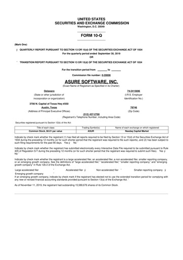 Miniature Asure Software
 10-Q Rapport trimestriel 2019 