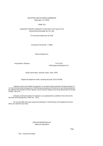 Miniature Stratus Properties 10-Q Rapport trimestriel  