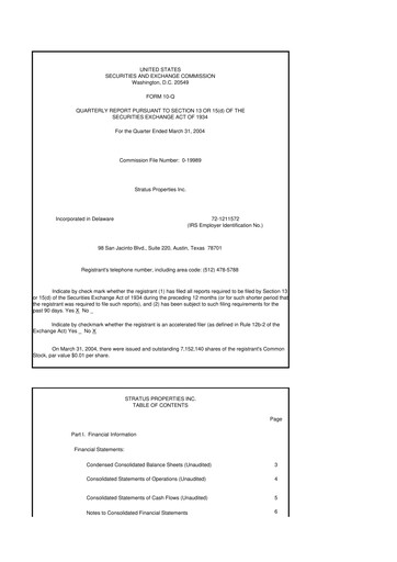 Miniature Stratus Properties 10-Q Rapport trimestriel  