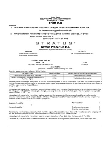 Miniature Stratus Properties 10-Q Rapport trimestriel  