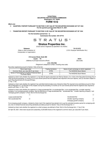 Miniature Stratus Properties 10-Q Rapport trimestriel  