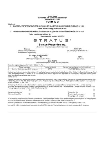 Miniature Stratus Properties 10-Q Rapport trimestriel  