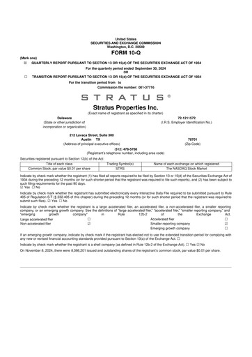 Miniature Stratus Properties 10-Q Rapport trimestriel  