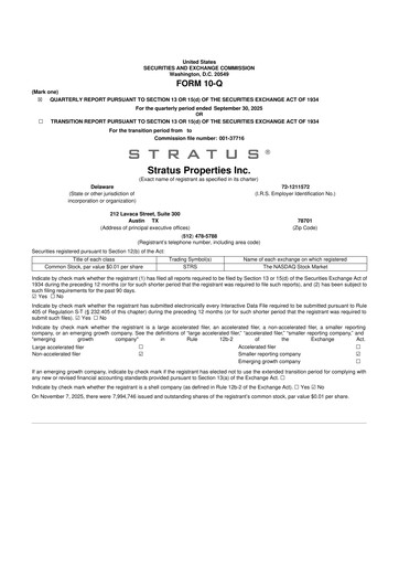 Miniature Stratus Properties 10-Q Rapport trimestriel  