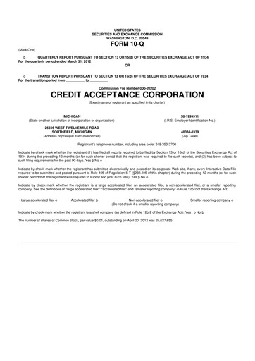 Thumbnail Credit Acceptance
 10-Q Quarterly Report FY2012 