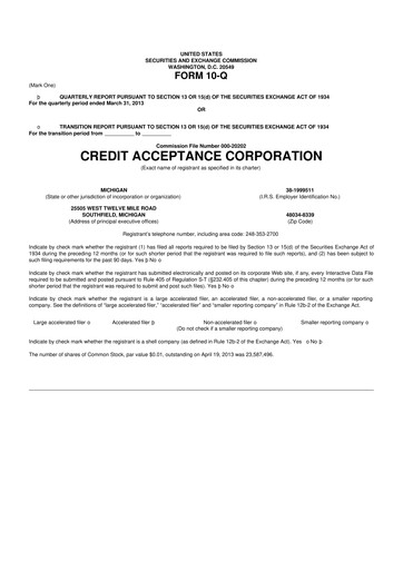 Thumbnail Credit Acceptance
 10-Q Quarterly Report FY2013 