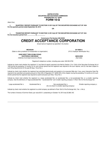 Thumbnail Credit Acceptance
 10-Q Quarterly Report FY2013 