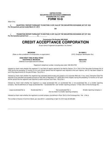 Thumbnail Credit Acceptance
 10-Q Quarterly Report FY2014 