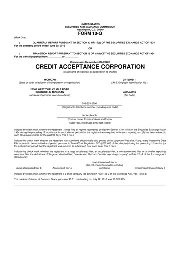 Thumbnail Credit Acceptance
 10-Q Quarterly Report FY2016 