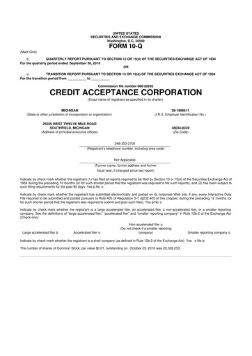 Thumbnail Credit Acceptance
 10-Q Quarterly Report FY2016 