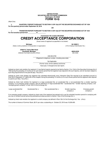 Thumbnail Credit Acceptance
 10-Q Quarterly Report FY2018 
